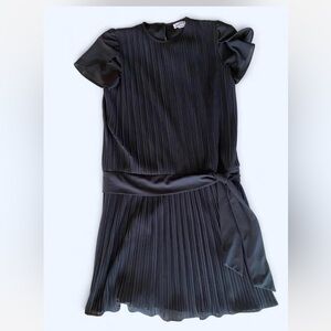 Vintage Elegant Black Pleated Drop waist tie detail  Dress sheer sleeves